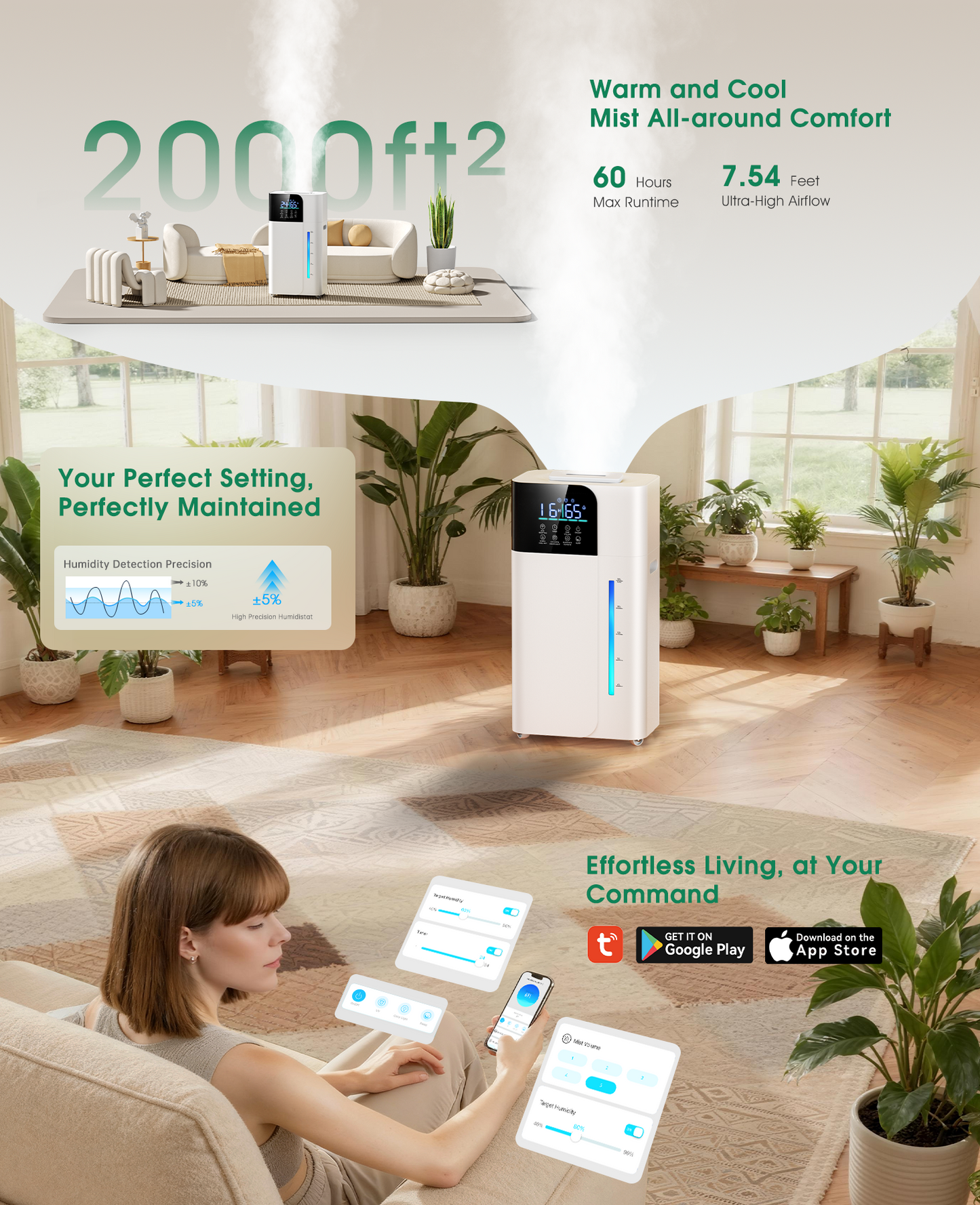 18L/4.7Gal Smart humidifier large room, Warm & Cool Mist humidifiers, 800mL/h Mist Output, 2500ft² Coverage, 24H Timer, Top Fill, 60-Hour Runtime, Air Humidifier for Bedroom, Home, Baby and Plants