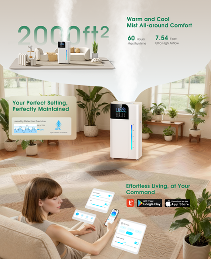 18L/4.7Gal Smart humidifier large room, Warm & Cool Mist humidifiers, 800mL/h Mist Output, 2500ft² Coverage, 24H Timer, Top Fill, 60-Hour Runtime, Air Humidifier for Bedroom, Home, Baby and Plants
