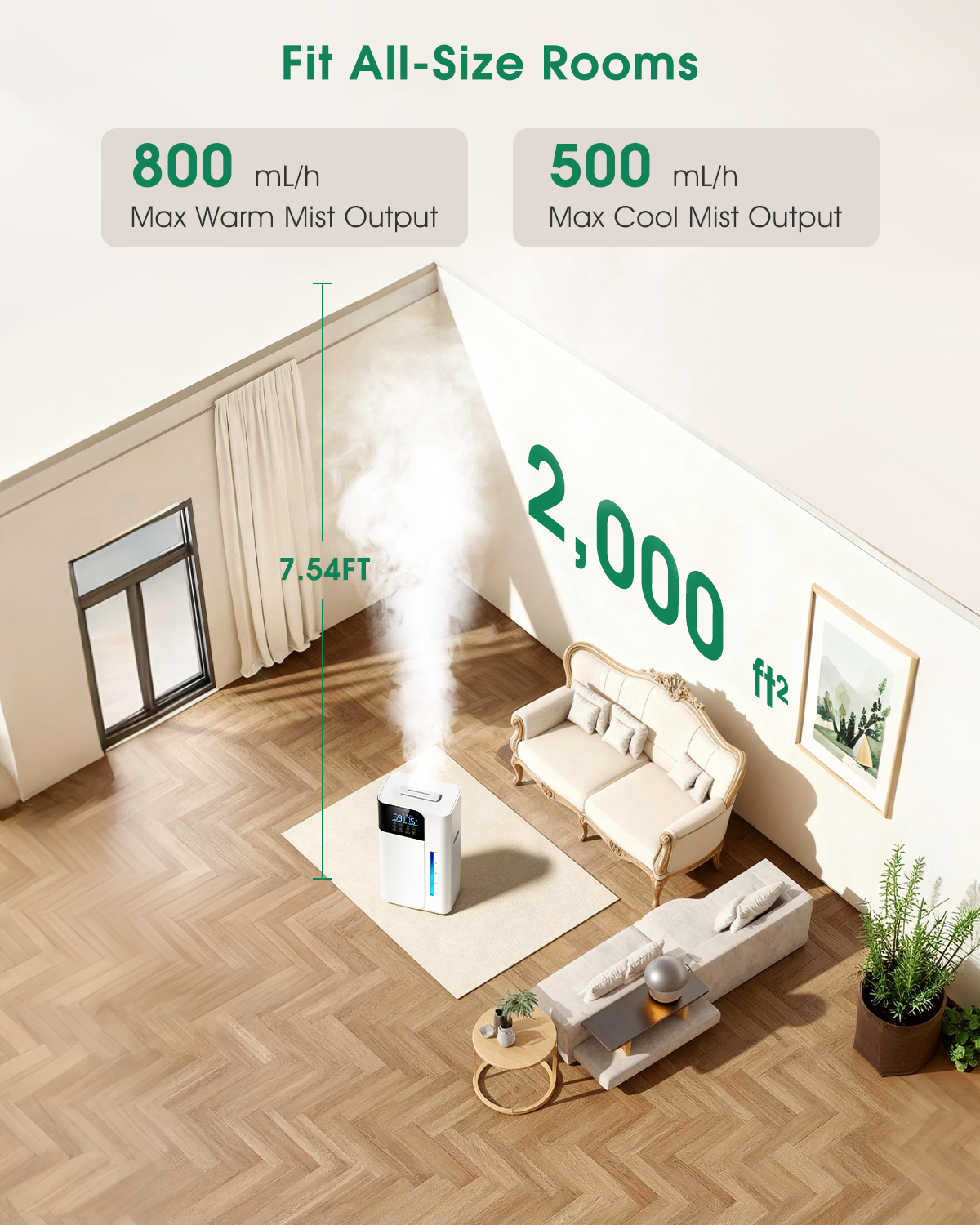 18L/4.7Gal Smart humidifier large room, Warm & Cool Mist humidifiers, 800mL/h Mist Output, 2500ft² Coverage, 24H Timer, Top Fill, 60-Hour Runtime, Air Humidifier for Bedroom, Home, Baby and Plants