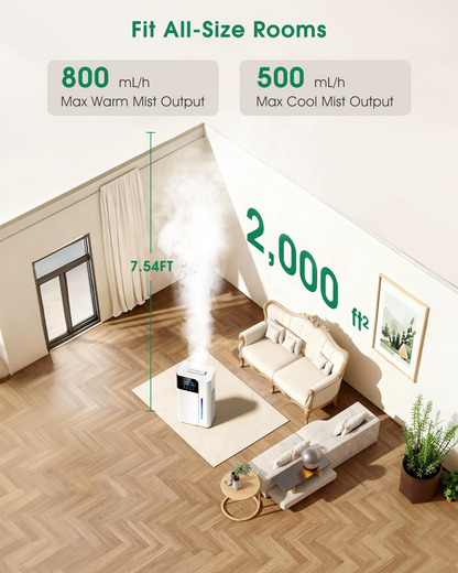 18L/4.7Gal Smart humidifier large room, Warm & Cool Mist humidifiers, 800mL/h Mist Output, 2500ft² Coverage, 24H Timer, Top Fill, 60-Hour Runtime, Air Humidifier for Bedroom, Home, Baby and Plants