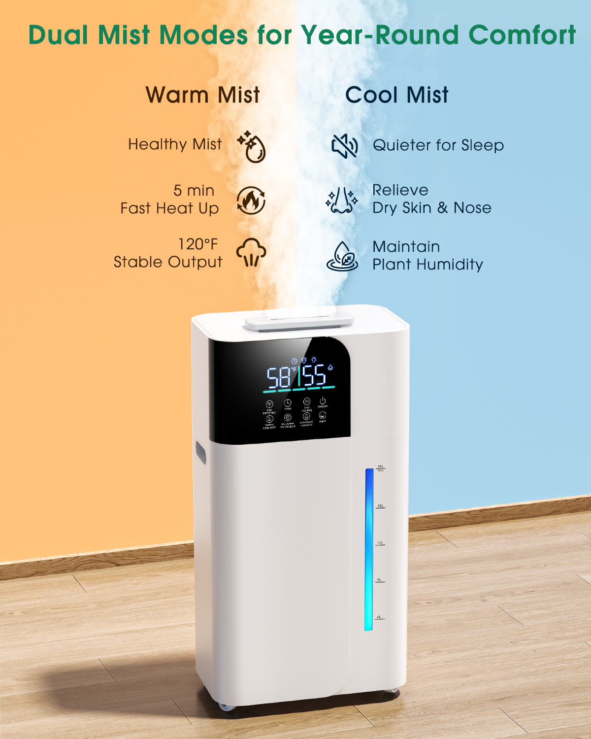 18L/4.7Gal Smart humidifier large room, Warm & Cool Mist humidifiers, 800mL/h Mist Output, 2500ft² Coverage, 24H Timer, Top Fill, 60-Hour Runtime, Air Humidifier for Bedroom, Home, Baby and Plants