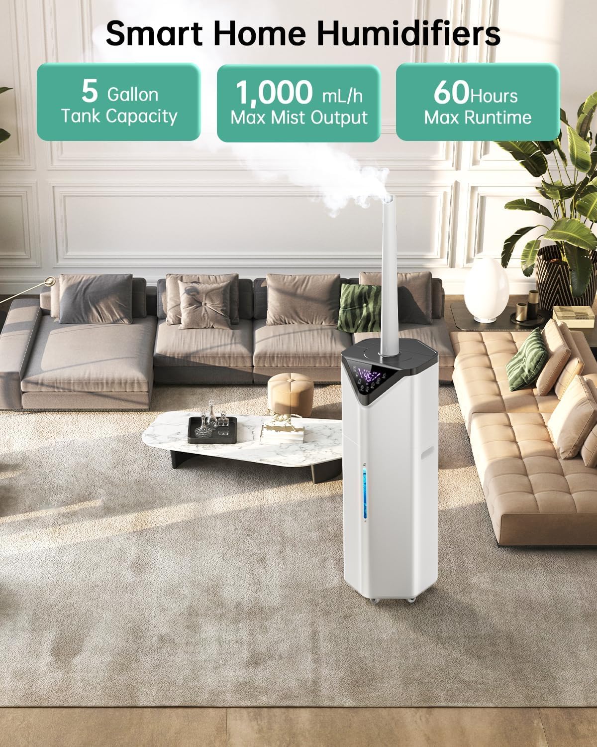 5Gal Smart Humidifier Large Room up to 2800ft², 1000mL/h, APP & Remote Control, 180° Auto Rotating Nozzle, 24H Timer, 60H Supersized Cool Mist Humidifiers for Whole House Home Office Plants